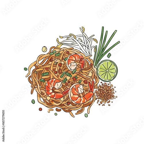 Authentic Shrimp Pad Thai Dish. Vibrant illustration of a classic noodle meal with plump prawns, fresh lime, and crunchy peanuts, embodying savory Asian culinary delight.