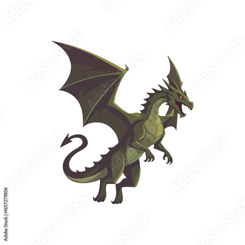 Fierce Green Dragon. A legendary winged beast with piercing eyes and jagged teeth, embodying ancient power and mystical fantasy. A captivating creature.
