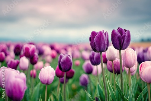 Purple and pink tulips in a field