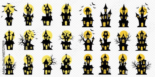 A collection of spooky haunted house silhouettes with glowing windows against a yellow full moon and flying bats.