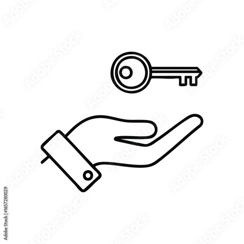 Hand with Key Unlocking Opportunity. This minimalist graphic illustrates gaining entry, a crucial remedy, or new possibilities. Perfect for concepts of ownership, protection, or accomplishment.