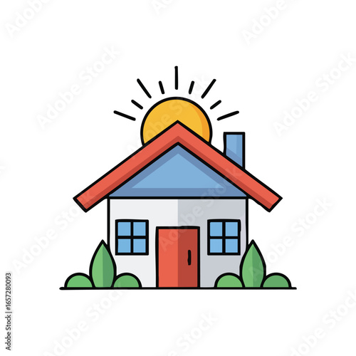 Cozy Dwelling Bright Scene. This charming graphic depicts a delightful abode bathed in sunlight, representing comfort, property, and safe living. Perfect for housing, ownership, or development.