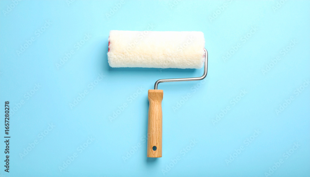 Fototapeta premium Painter's Tool on Blue: A close-up studio shot showcases a paint roller poised against a vivid blue surface. The image conveys tools used for home improvement. 