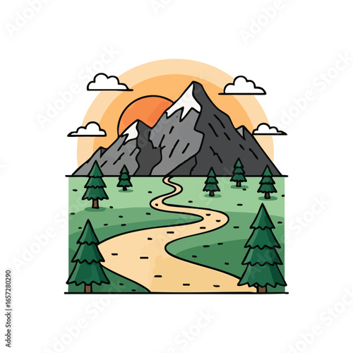 Nature Trail Mountain Adventure. Vibrant cartoon scenery showcasing grand summits, a winding pathway, green pine trees, and an orange solar disk. Evokes outdoor exploration and peaceful escapism.