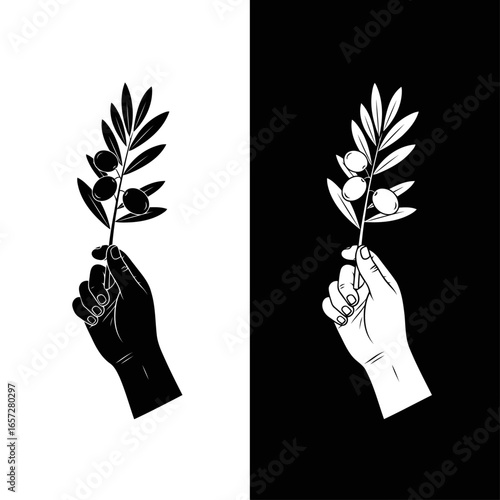 Hand holding olive branch silhouette black white peace icon