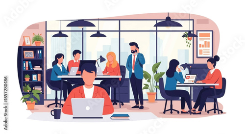 Diverse professionals actively collaborating in a dynamic, modern office environment, symbolizing teamwork, productivity, and corporate success.