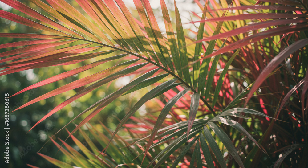 Vibrant palm leaves bathed in warm sunlight, showcasing lush green and crimson hues Vibrant palm leaves bathed in warm sunlight, showcasing lush green and crimson hues