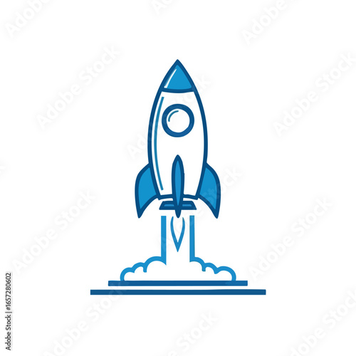 Ambitious Rocket Liftoff Icon. Dynamic blue spacecraft ascending on a black background. Represents rapid business growth, innovation, and technological progress.