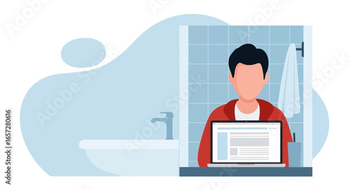 Person using a laptop in a clean, modern bathroom, symbolizing remote work, flexible hours, online learning, or digital lifestyle.