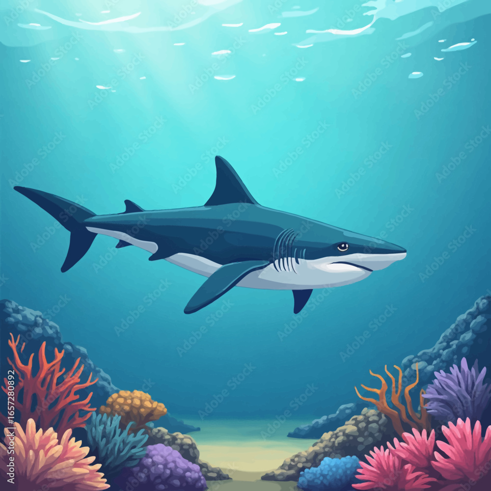 Fototapeta premium A majestic shark swims gracefully through the depths of a vibrant coral reef.
