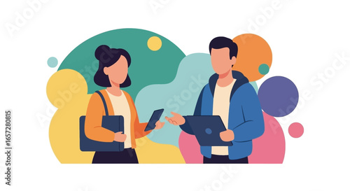 Modern communication and collaboration: Two diverse individuals interact with digital devices against a vibrant abstract background.