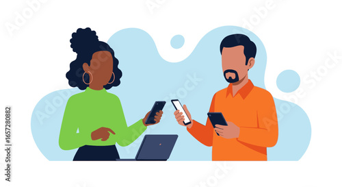 Diverse individuals interact with smartphones and a laptop, depicting modern digital communication, data exchange, and online collaboration for business or personal use.