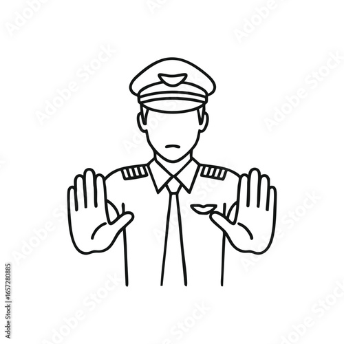 Pilot Stop Hand Signal. Stylized illustration of an aviator in uniform performing a commanding gesture. This image conveys warnings, prohibition, or refusal, symbolizing control.
