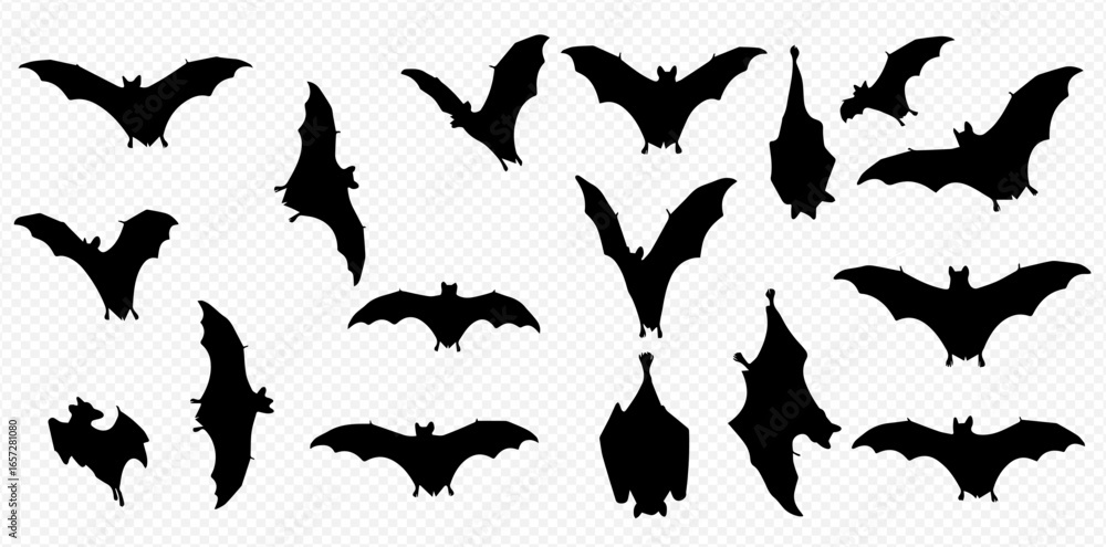 Naklejka premium A collection of black bat silhouettes in various flying and hanging poses on a transparent background.