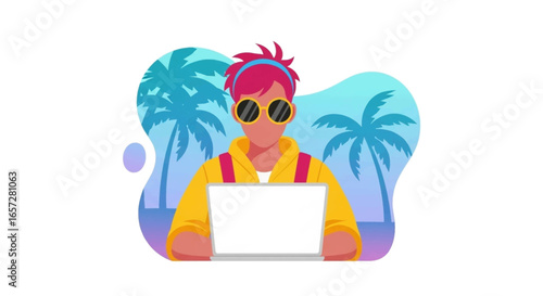 Person working on laptop in a vibrant tropical setting, embodying remote work, digital nomad lifestyle, and freedom to travel.
