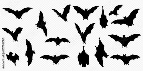 A collection of black bat silhouettes in various flying and hanging poses on a transparent background.