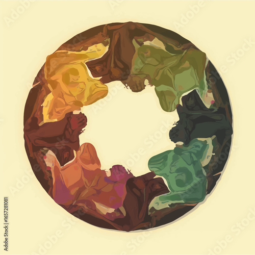 Abstract circular illustration featuring figures in various colors arranged around a central void, creating a sense of unity.