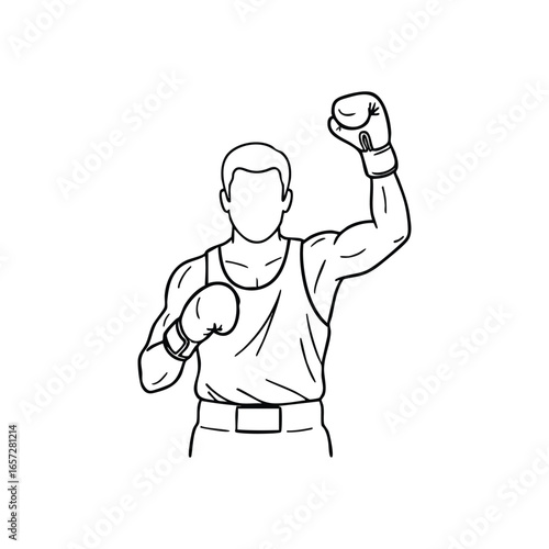 Victorious Boxer Champion. Monochrome art of a triumphant pugilist in a winning stance. Symbolizes strength, resolve, and accomplishment in sports competition.
