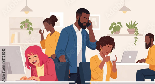 Diverse team thriving in a bustling modern office. Highlights teamwork, communication, and a productive, positive work environment.