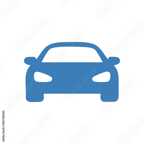 Modern Blue Auto Symbol. This minimalist graphic displays a vibrant cobalt vehicle, seen head on, against a stark black field. It embodies swift motion and efficient personal transport.