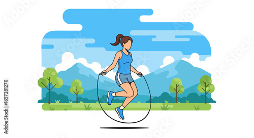 Illustration Art Vector of Woman Jumping Rope in Outdoor Scenery Flat Style Design with Blue and Green Colors