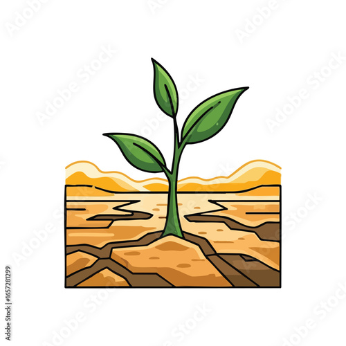 Resilient Plant in Arid Land. Vibrant seedling thrives in parched ground, symbolizing hope and tenacity amidst environmental challenges like drought and global warming.