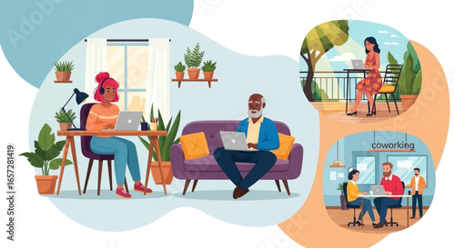Diverse people working flexibly from home, outdoors, and a coworking space, illustrating modern remote and hybrid work environments. Concept of productivity and adaptability.