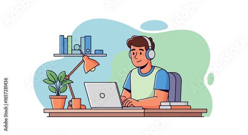 Happy man working or studying remotely on a laptop, wearing headphones at a comfortable home desk. Ideal for online education, virtual meetings, and productive freelancing.