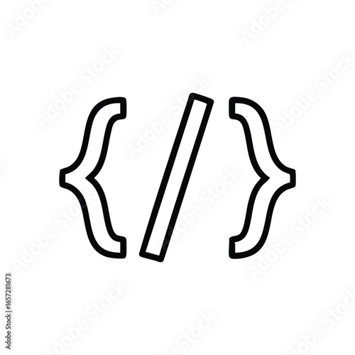 Code Development Symbol Icon. A minimalist digital graphic featuring essential coding syntax. This clean emblem embodies the core of software engineering and web creation.