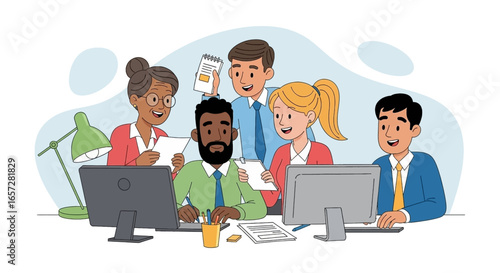 Diverse business team collaborating and working together in an office. Depicts teamwork, productivity, and shared success. Ideal for corporate, modern workplace concepts.