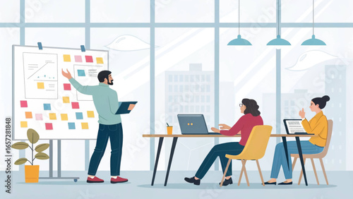 Business professionals collaborate in a contemporary office setting, featuring a man leading a whiteboard presentation and colleagues working on laptops, ideal for corporate themes.