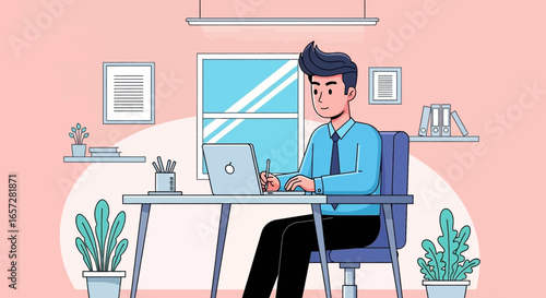 Young professional working diligently on a laptop in a modern home office. Ideal for concepts of remote work, productivity, and online business.
