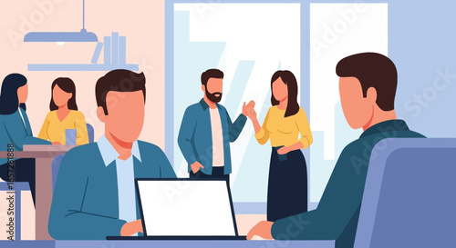 Modern office environment with diverse business professionals collaborating. Ideal for showcasing teamwork, meetings, and a productive work culture.