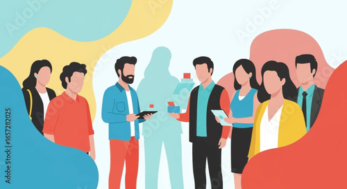 Diverse business team collaborating and exchanging ideas in a modern, inclusive setting. Represents teamwork, innovation, and digital communication.