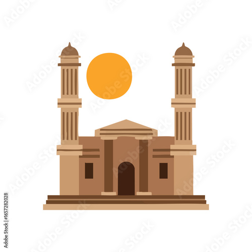 Ancient Spiritual Building Sunset. Stylized depiction of a grand historic monument with towers, set against a glowing celestial body. Represents cultural legacy, profound faith, and peaceful.