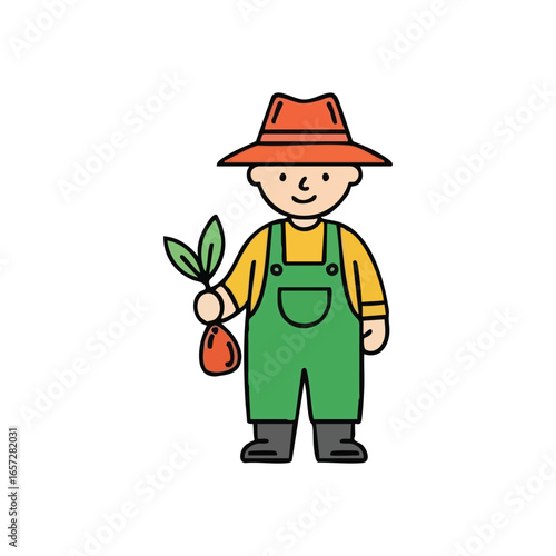 Joyful Gardener Planting Green Seedling. This cheerful character in work attire cultivates a young plant, symbolizing growth, new beginnings, and environmental responsibility. Ideal for eco themes.