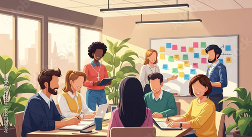 Diverse business team collaborating in a bright, modern office. Engaging in a productive meeting, brainstorming ideas, and fostering teamwork for innovation.