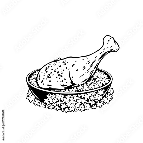 Cartoon Style Fried Poultry Leg in Black Bowl with Crumbled Bread Illustration