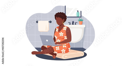 Woman comfortably working on a laptop in her bathroom, showcasing flexibility and remote work lifestyle. Ideal for modern business concepts or unusual workspaces.