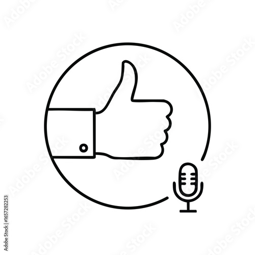 Podcast Approval Icon. A clean white thumbs up gesture within a circular outline, accompanied by a microphone graphic, symbolizes positive feedback and audio content, ideal for digital media concepts.