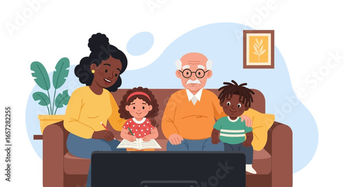 Intergenerational family with grandparents and children enjoying quality time at home, fostering learning and connection. Ideal for family, education, and domestic life concepts.