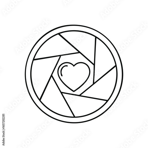 Photography Love Icon. This minimalist graphic unites a heart with a camera lens element, symbolizing artistic devotion and affection for visual storytelling.
