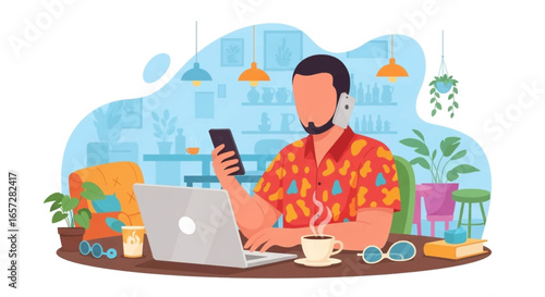 Man works remotely on a laptop, making a call in a cozy, plant-filled home office. Represents modern flexible work, freelancing, and digital nomad lifestyle.