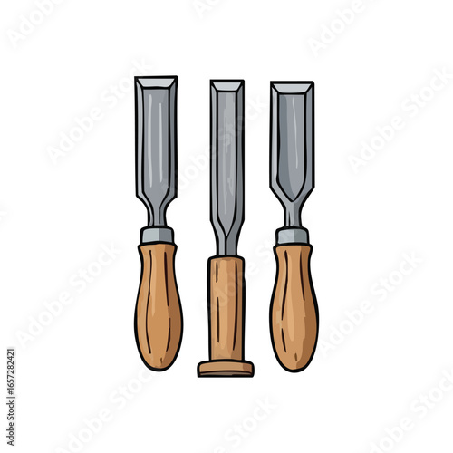 Woodworking Chisels Assortment. Artistic rendition of diverse timber tools, ideal for detailed carving and construction. Represents artisanal skill, precision, and creative craftsmanship.