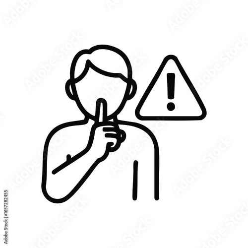 Silence Warning Icon. Person gesturing for quiet next to a hazard symbol. Represents privacy, discretion, or potential danger if secrets are revealed.
