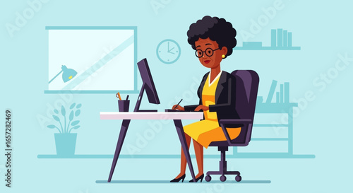 Professional Black woman working efficiently at her desk in a modern office, highlighting productivity, digital work, and corporate life.