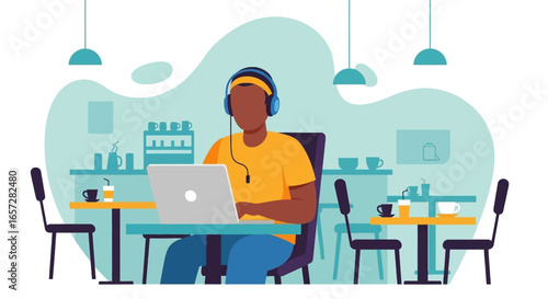 Focused person in headphones working on a laptop at a modern cafe. Represents remote work, productivity, and digital lifestyle.