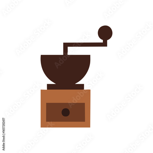 Classic Coffee Grinder Simple Icon. This minimalist illustration features a vintage burr mill for beans on black. It evokes freshness, aromatic brews, and artisanal preparation.