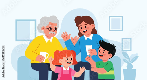 Happy multi-generational family enjoying time together at home. Grandparents, mother, and children show warmth, connection, and family support.