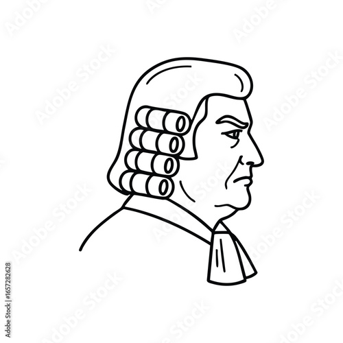 Judge Barrister Profile Icon. Monochrome outline illustration of a legal professional wearing a traditional peruke. Represents justice, law, authority, and historical court proceedings.